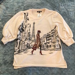 NWT Love + Lace Paris Embellished Sweater XL Walking Woman Eiffel Tower